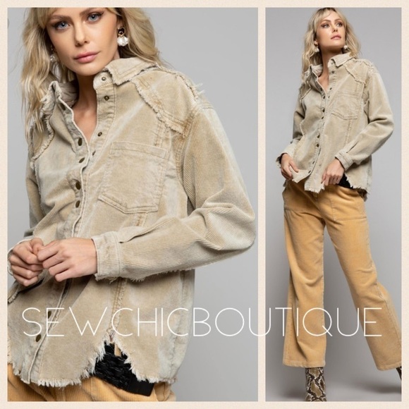 Distressed Corduroy Beige Button Down - Picture 1 of 5